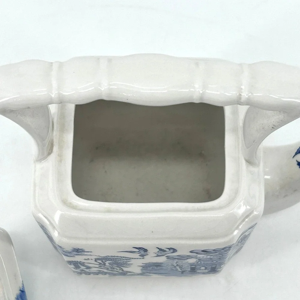 Churchill Blue Willow Chinoiserie Ceramic Teapot Blue White Pagoda Square Base